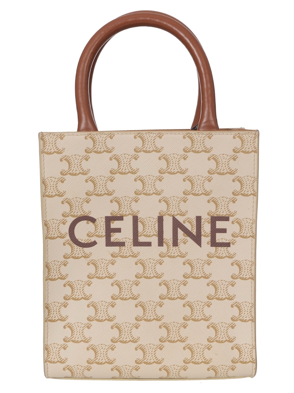Celine Beige Canvas Mini Triomphe Vertical Tote with Brown Handles